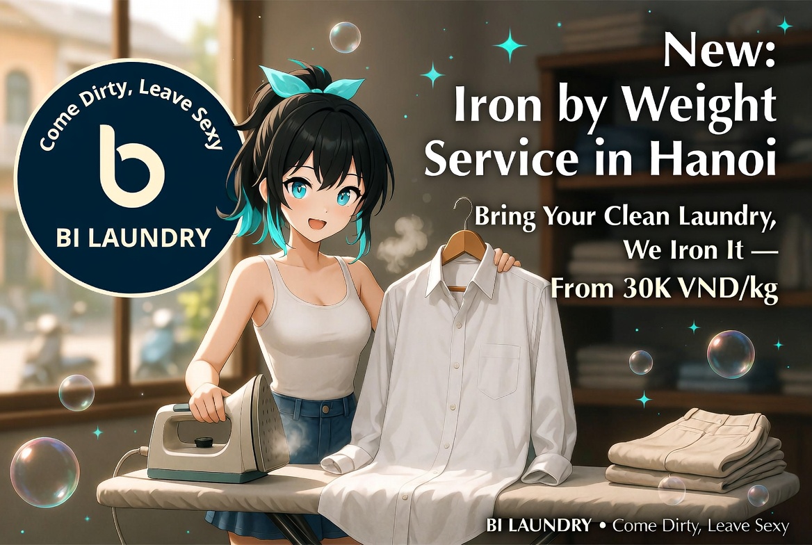 Iron by Weight Service in Hanoi — Bi Laundry anime illustration of professional ironing