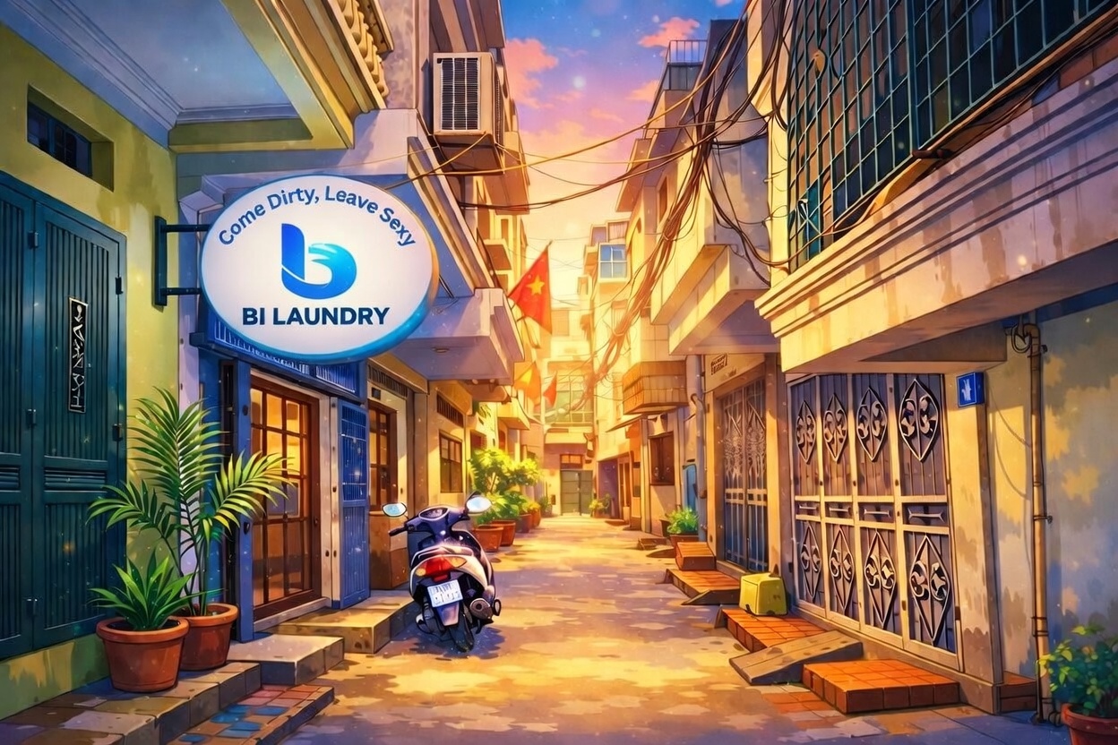 Narrow street in Hanoi Old Quarter with colorful shops and motorbikes